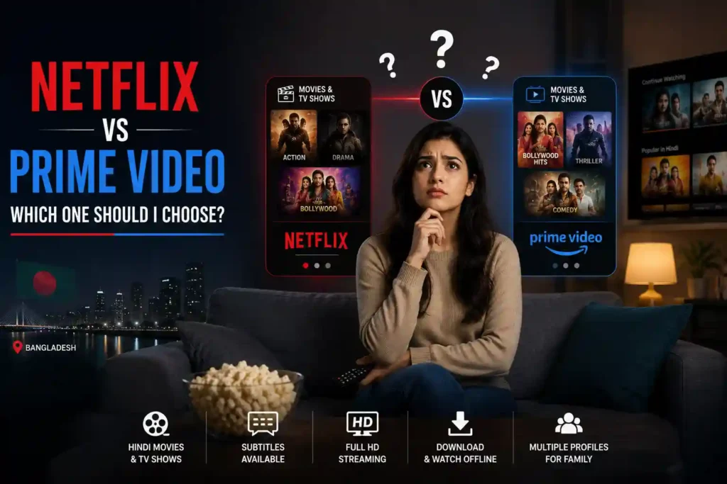 Best OTT Platform for Hindi Movies in Bangladesh (2026): Features, Pricing & Buying Guide 2 Netflix vs prime video in bangladesh Best OTT Platform for Hindi Movies in Bangladesh (2026): Features, Pricing & Buying Guide